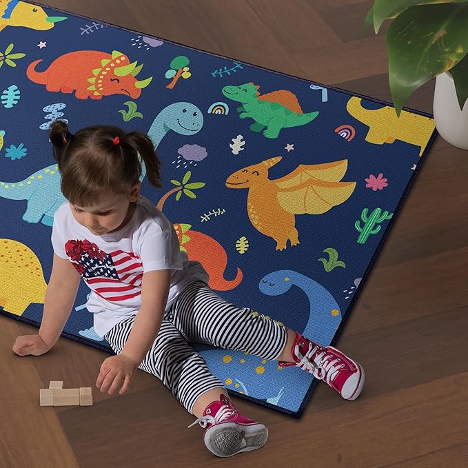 Cute Cartoon Dinosaur Rug for Boys Bedroom 59"x39" Bedroom Playroom Decor for Kids Lovely Dinosaur Animal Pattern Carpet Blue Rug Non-Slip Washable