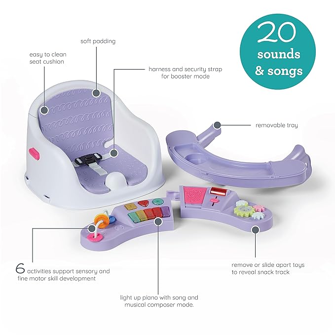 Infantino Music & Lights 3-in-1 Discovery Seat & Booster, Toddler Booster Seat for Dining Table or Kitchen Chair, Baby Activity Center & Snack Tray, Lavender