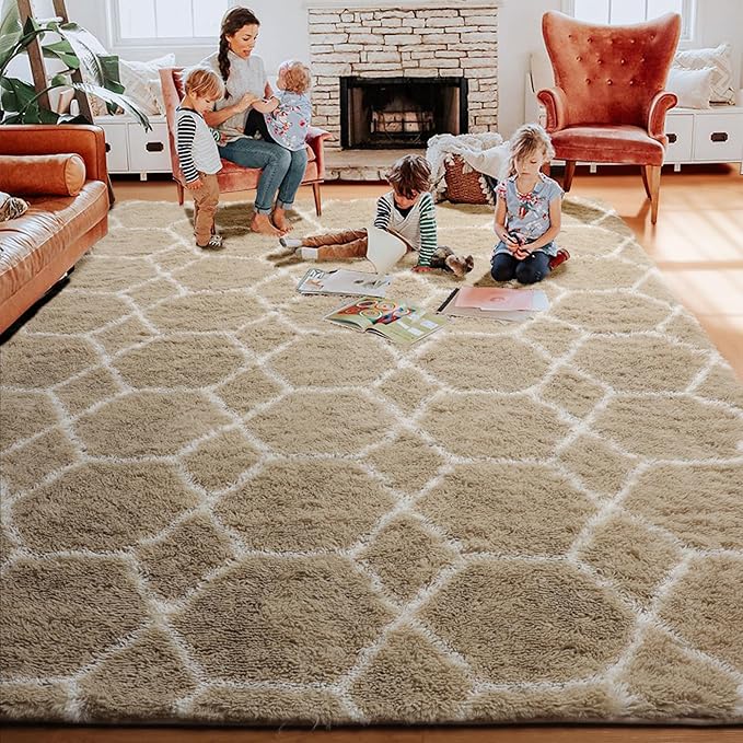 ONASAR Large Area Rugs for Living Room, Fluffy 7x10 Beige and White Thick Floor Rug for Bedroom Home Decor Aesthetic, Soft Fuzzy Shaggy Plush Geometric Carpet for Kids Teen Dorm Classroom Office