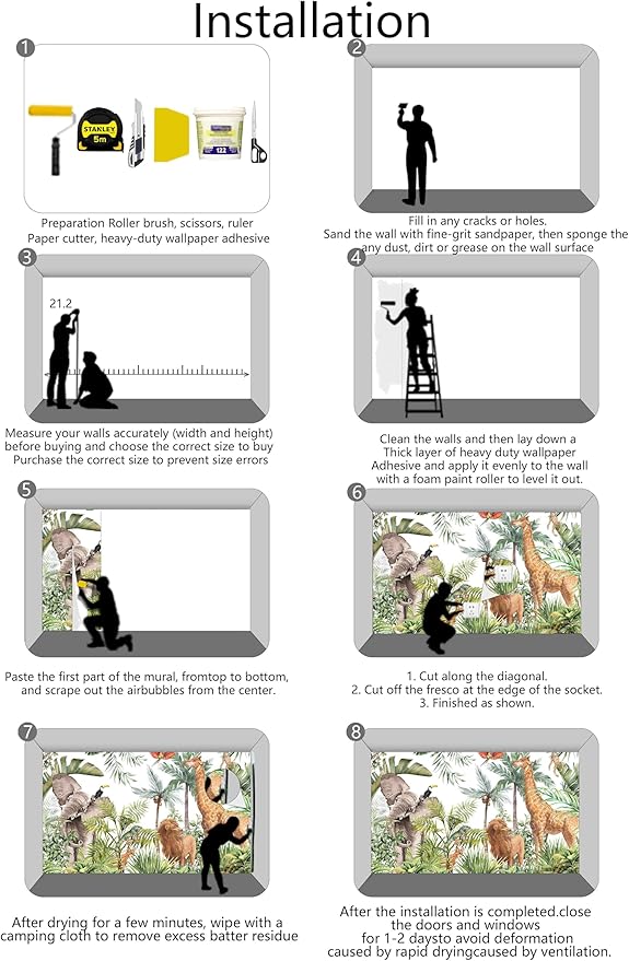 Kids Safari Giraffe Wallpaper Tropical Palm Tree Jungle Forest Plants and Animals Wall Mural for Nursery Living Room Bedroom Dining Room Basement(Not Self-Adhesive)