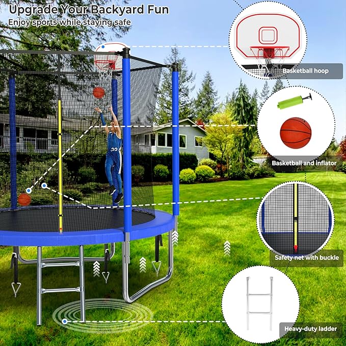 Upgraded 10/12/14/15/16FT Trampoline Outdoor, Large Kids Trampoline with Light, Stakes, Sprinkler, Backyard Trampoline with Basketball Hoop and Net, Capacity for 4-6 Kids and Adults