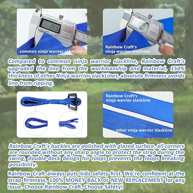 Rainbow Craft Ninja Warrior Obstacle Course for Kids - 50ft Slackline, 12 Removable Buckle Loops, 12 Ninja Attachments, Outdoor Training Equipment
