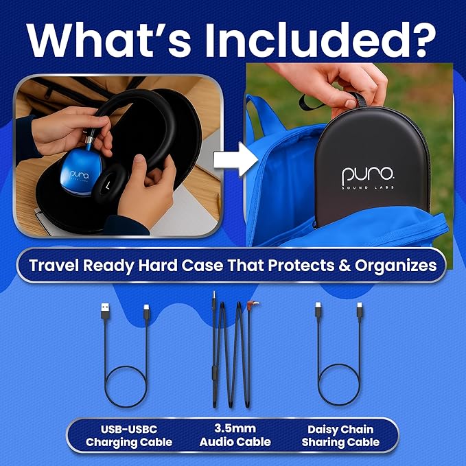 Puro Sound Labs PuroQuiet Plus Noise Cancelling Headphones for Kids, Bluetooth Kids On Ear Headphones with Mic, Lightweight On-Ear Design, Studio-Grade Sound (Blue)