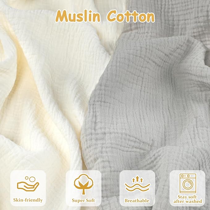 Hooyax Baby Lounger Cover 2 Pack - 100% Muslin Cotton Newborn Lounger Pillow Covers Only, Soft Breathable Infant Lounger Cover with Reinforced Stitching, Fits Most Standard Baby Loungers (Grey Cream)