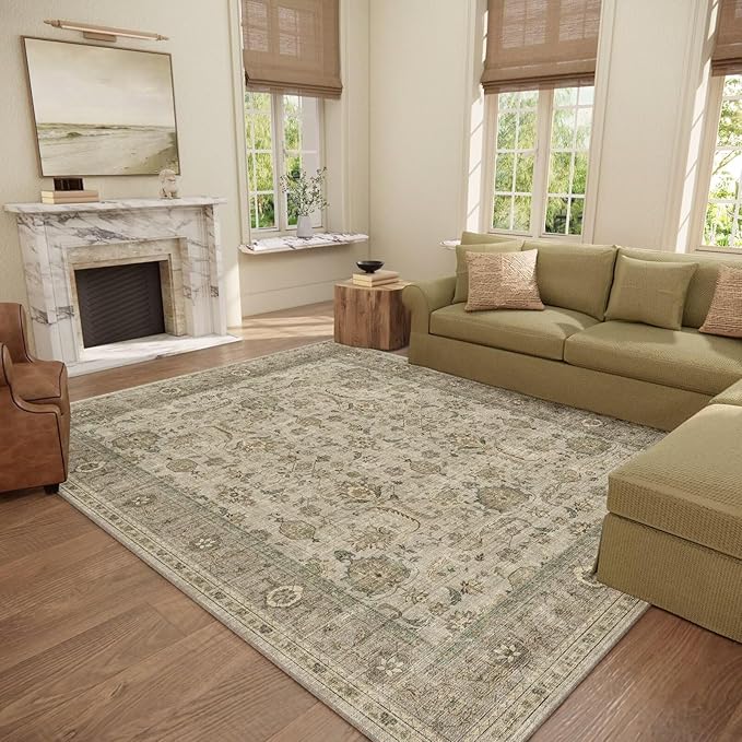 Washable 8x10 Area Rugs for Living Room, Boho Non-Slip Silicone Backing Rugs for Bedroom Dining Room Nursery Office, 0.3" Neutral Oriental Throw Carpet with 0.16" Cushioning Pad, Light Brown/Multi