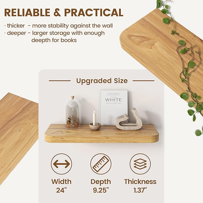Rustic Elm Wood Floating Shelves for Wall, Round Edge 24"W x 9.2"D x 1.37"H, Set of 2 with Invisible Bracket, Wall Mounted Storage Shelves for Living Room Bedroom Kitchen Bathroom Decor, Natural