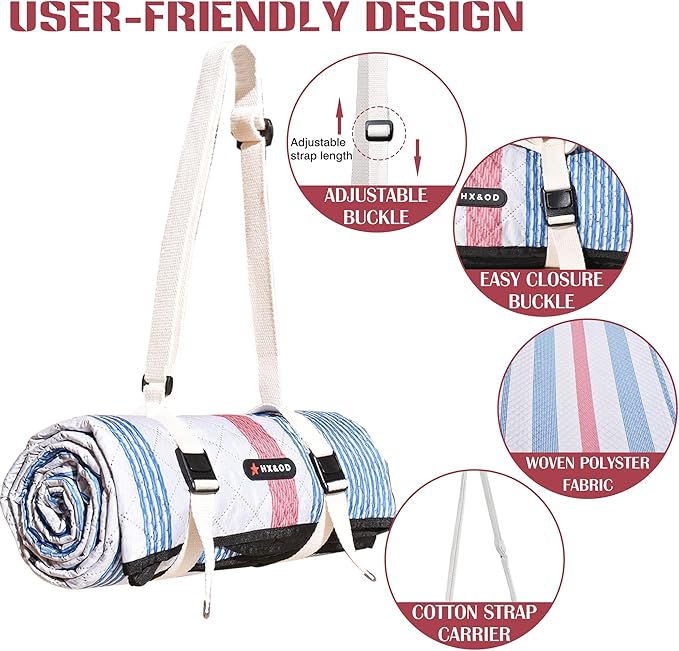 Waterproof Picnic Mat, Outdoor Camping Oversized Field Blanket. Portable Thickened Camping Blanket, Suitable for Beach, Camping, Music Festival, Party, Outdoor Adventure. (Red&Blue&White, 80”x60”)