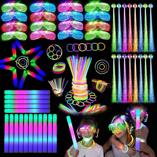 148 PCS Glow in the Dark Party Supplies, 16PCS Foam Glow Sticks, 16PCS LED Glasses,100PCS Glow Sticks Bracelets and 16Pcs LED Hair Clips Fiber Optic for Glow Party, Wedding, Halloween Party