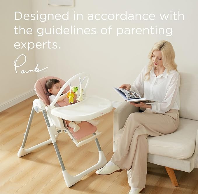 KÜB 3-in-1 Foldable Baby High Chair, 7 Height & 4 Recline Adjustable Seat & Tray for Easy Clean, 2 Locking Wheels, Multifunctional Infant High Chairs for Babies and Toddlers (Pink, with Toys)