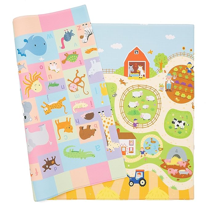 Baby Care Play Mat (Medium, Playful - Busy Farm) 73’’ x 49’’ Original One-Piece Reversible Rollable Waterproof Play Mat for Infants, Babies, Toddler, and Kids