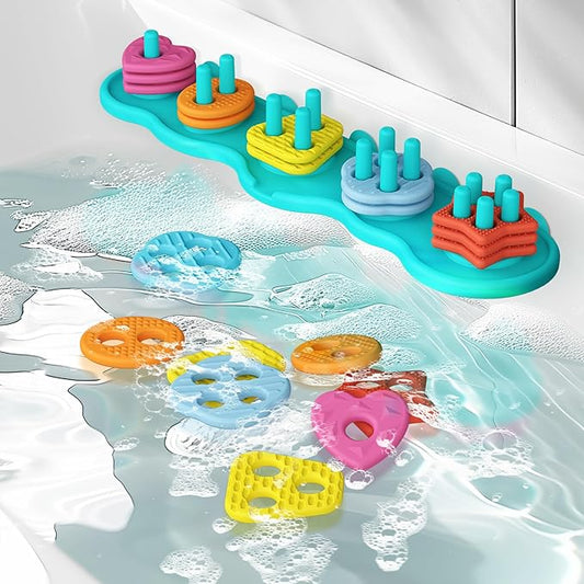 Baby Bath Toys Mold-Free Silicone Bath Toys, Sensory Shape Sorting & Stacking Set Includes 20 Floating Pieces, Early Learning Bathtub Toys for Toddlers