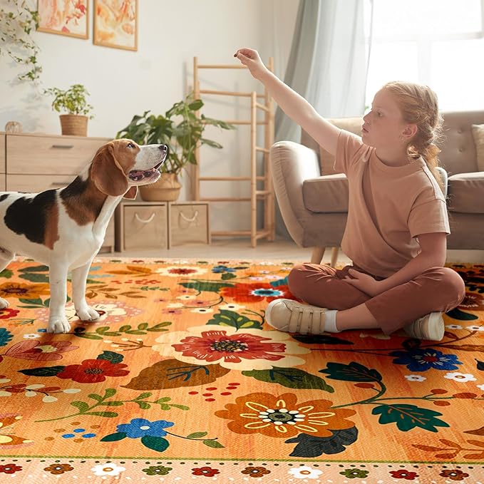 Floral 9x12 Area Rug Machine Washable Soft Print Boho Carpet Non Slip Doormat Low Pile Flower Area Rugs for Living Room Bedroom Nursery Kitchen Dining Room Indoor-Yellow/Orange