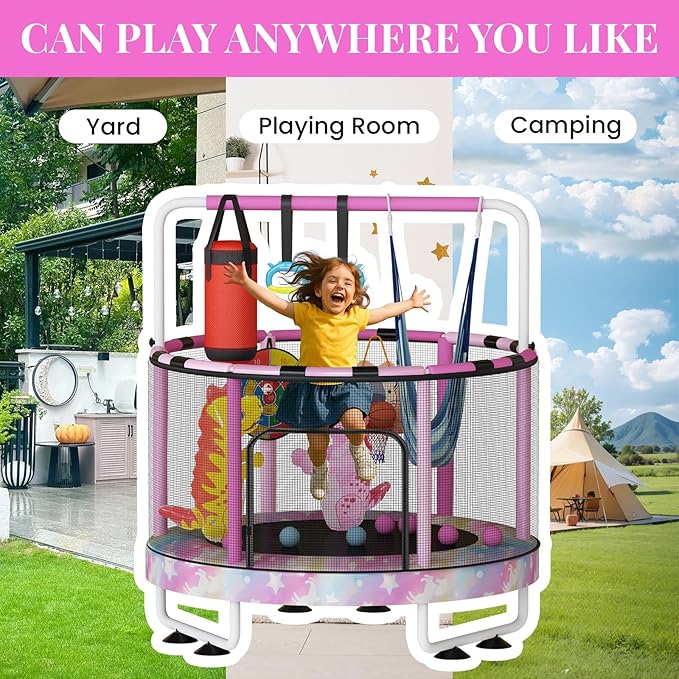 LAMERGE 55" 7-in-1 Round Trampoline for Kids Boys & Girls Ages 1-8, Indoor & Outdoor Trampoline for Fun, Adjustable Height Handrail ＆ Enclosed Safety Net ＆ Durable Designs for Toddlers Children