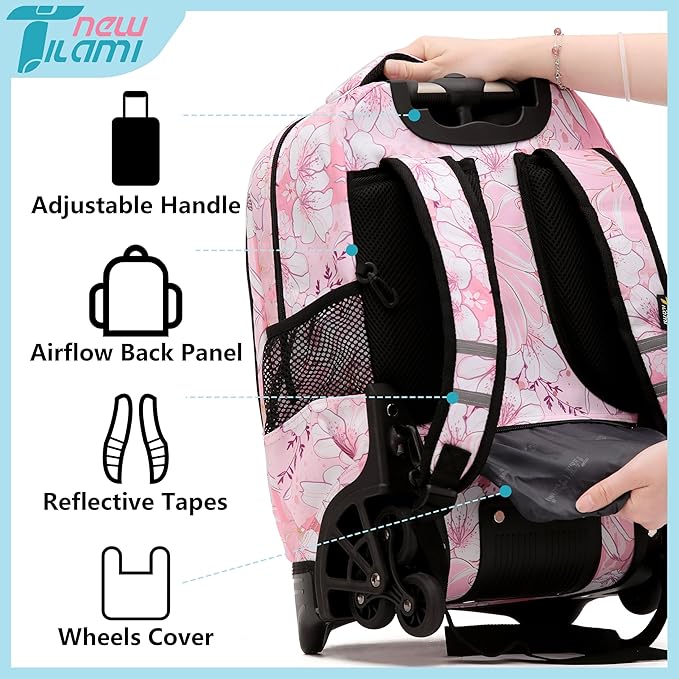 NEW TILAMI Girls & Boys Rolling Backpack - Moisture-Wicking, Adjustable Handle, Large Capacity, Perfect for School & Travel, Pink Flowers