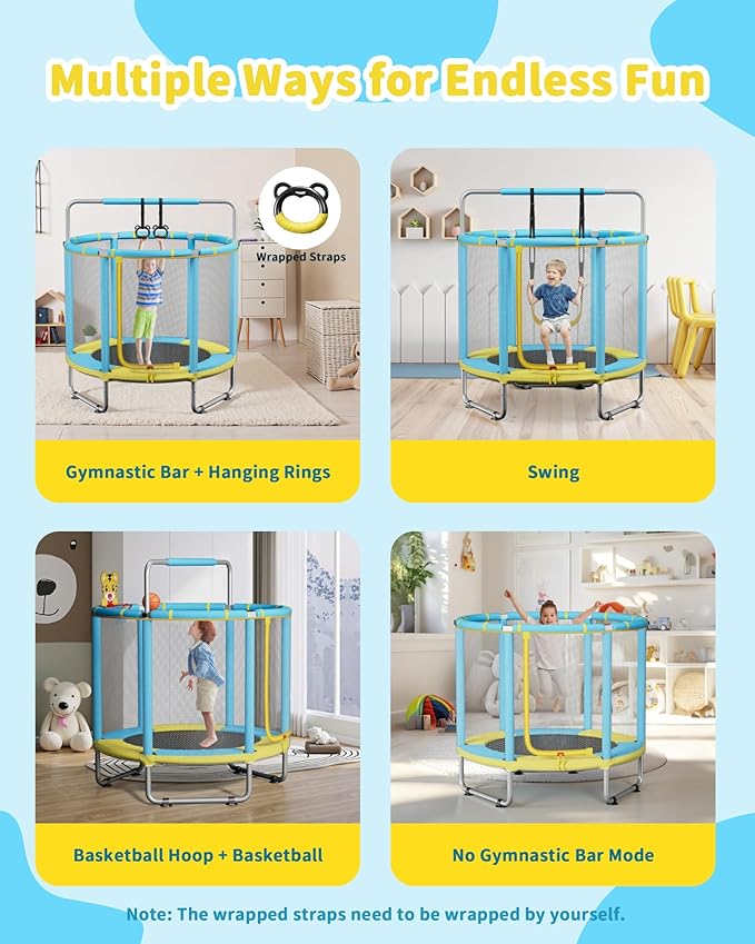 55” Trampoline for Kids, Powder-Coated Mini Trampoline for Toddlers, Indoor Outdoor Toys with Adjustable Gymnastics Bar, Swing, Basketball Hoop, Birthday Gifts for Boys & Girls Ages 1-8