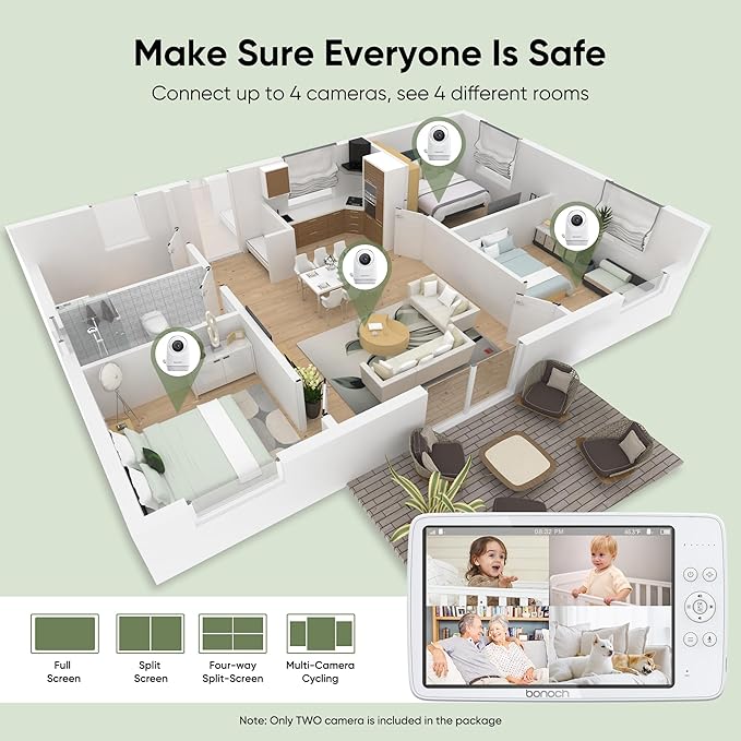 bonoch MegaView Baby Monitor No WiFi, 10" 720p Video Baby Montior with Camera and Audio, Up to Quad Split Screen, 10000mAh Battery, VOX Mode, Remote PTZ, Night Vision, for Multi-Child, Pets, Elderly