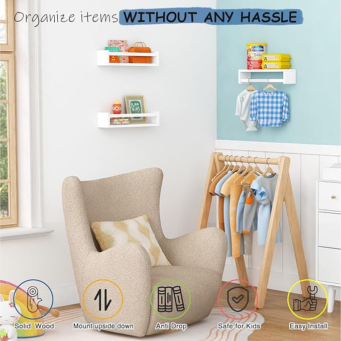 White Nursery Floating Book Shelves for Wall Set of 3, Kids Wall Shelves for Baby Room Bedroom, Modern Hanging Bookshelf for Baby Toddler Children Girls Boys Decor and Toys Books Storage