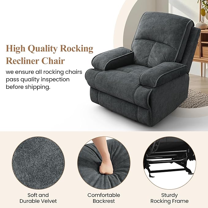 Nursery Rocking Chairs,Velvet Rocker Recliner Nursing Chair,Oversized Nursery Recliner Glider Chair with Extra Wide Footrest for Breastfeeding,Dark Grey
