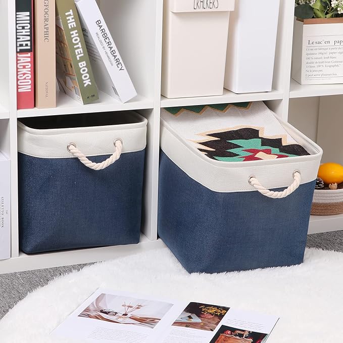 Bidtakay Fabric Storage Baskets with Handles for Organizing 16" x 11.8" x 11.8" Navy Blue Baskets [2-Pack] Shelf Baskets Large Canvas Collapsible Bins for Closet (White&Blue)