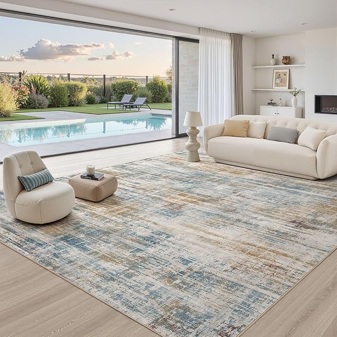 Area Rug for Living Room: 9x12 Washable Neutral Abstract Modern Soft Rugs Non Slip Indoor Floor Stain Resistant Large Carpet for Bedroom Dining Room Office Nursery - Blue Brown