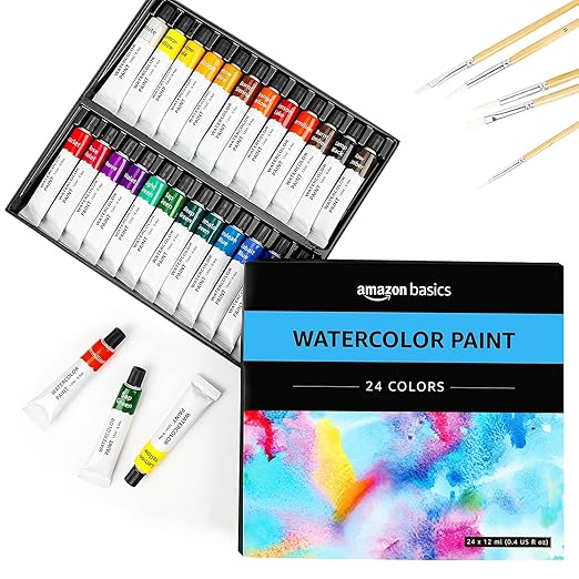 Amazon Basics Vibrant Watercolor Paint Set Tubes, 24 Colors, Assorted Colors