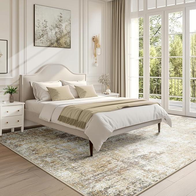 Washable Area Rugs 5'x7' Non-Slip Modern Abstract Soft for Living Room Entryway Bedroom Nursery, Print Pattern, Neutral Brown Gray