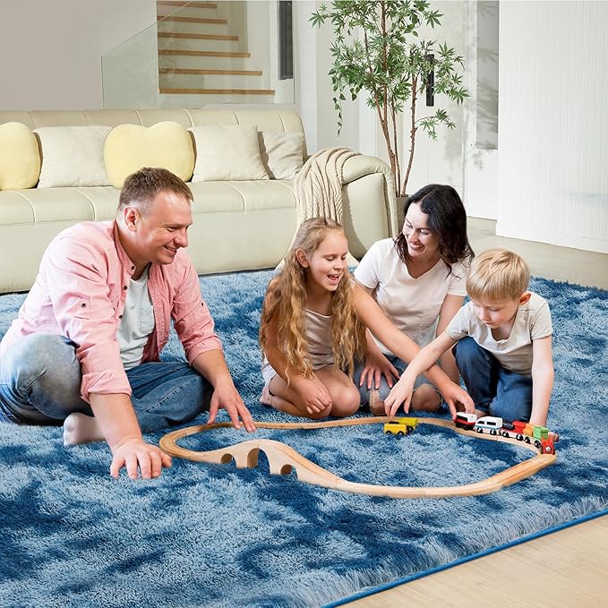 Ultra Soft Rug for Living Room, 8X10 Fluffy Shag Area Rug for Bedroom, Modern Shaggy Carpet Fuzzy Rug for Teens Dorm Nursery Home Decor Aesthetic, Upgrade Anti-Skid Durable, Tie-Dyed Blue Grey