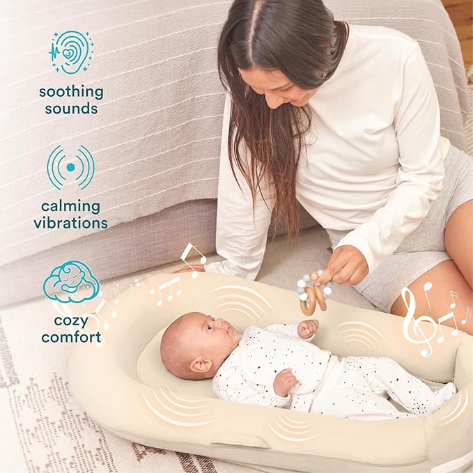 MyBaby 3-in-1 Calming Baby Cushion, Soothing Comfort for Newborns & Infants, Snuggling Sensation, Sound and Vibration, Designed for Safety, Rechargeable & Machine-Washable, by Homedics, Tan