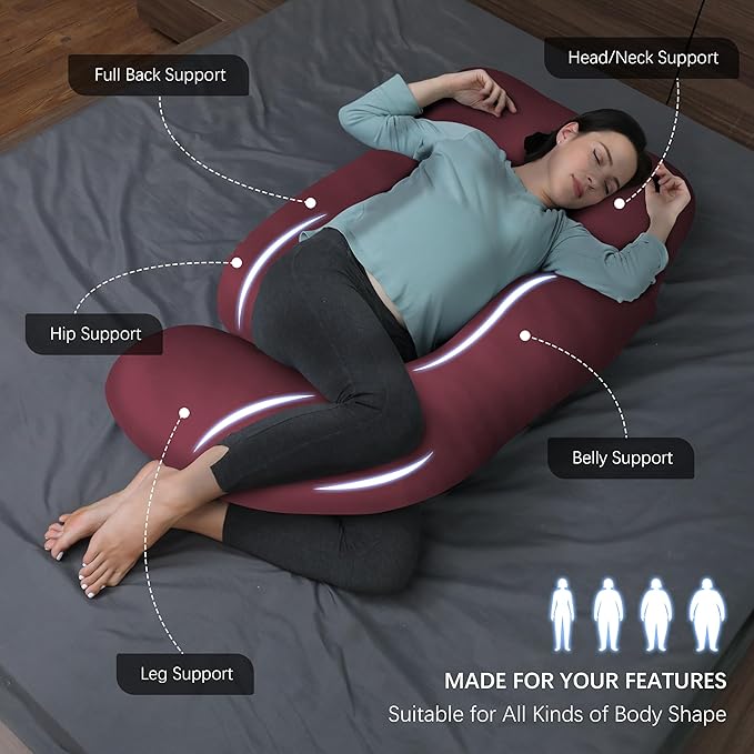 MOON PARK Pregnancy Pillows for Sleeping - U Shaped Full Body Maternity Pillow with Removable Cover - Support for Back, Legs, Belly, HIPS - 65 Inch - Burgundy - Cooling Cover