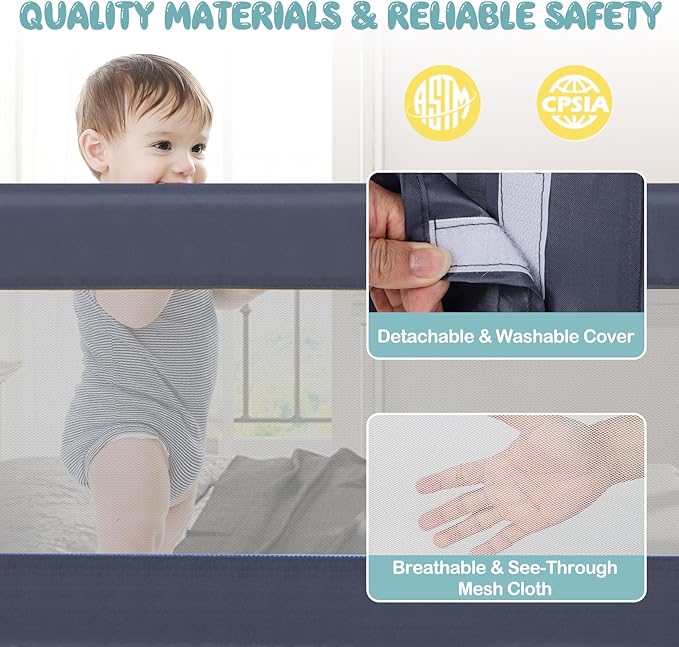 BABY JOY Double Sided Bed Rail Guard, 2 Pack, Extra Long, Swing Down for Convertible Crib, Folding Baby Safety Bedrail for Kids Twin Full Size Queen King Mattress, Rails for Toddlers (Dark Blue, 60")
