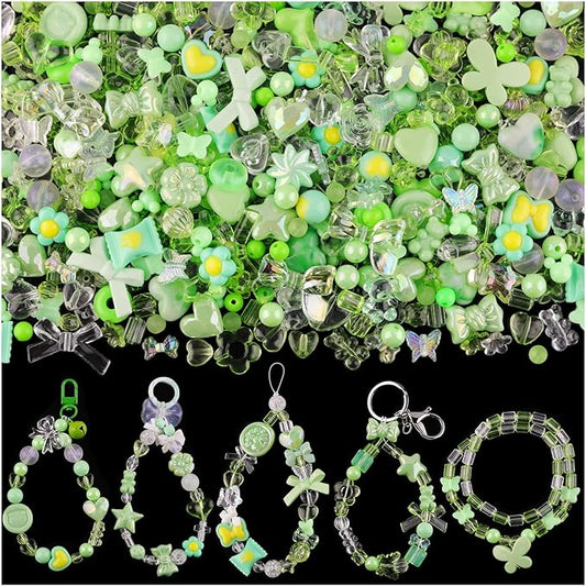Assorted 170-230PCS Green Acrylic Beads for Bracelet Making, Flower Bow Butterfly Candy GummyBear Aesthetic Bracelet Charms,Cute Beads for Jewelry Making DIY Necklace Keychain Phone Charm