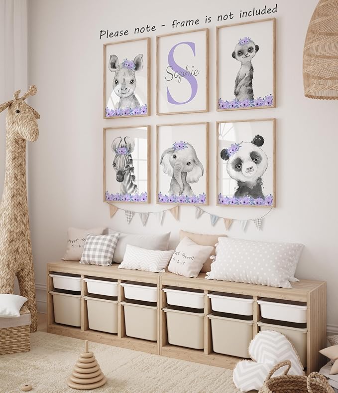 Personalized Safari Animals for Baby Girls Nursery Bedroom Unframed Set of 6 Poster Prints, Personalized Name Pink Purple Flowers Wall Art Decor New Baby Gift Present, Elephant Giraffe Panda Zebra Lion (11x14)