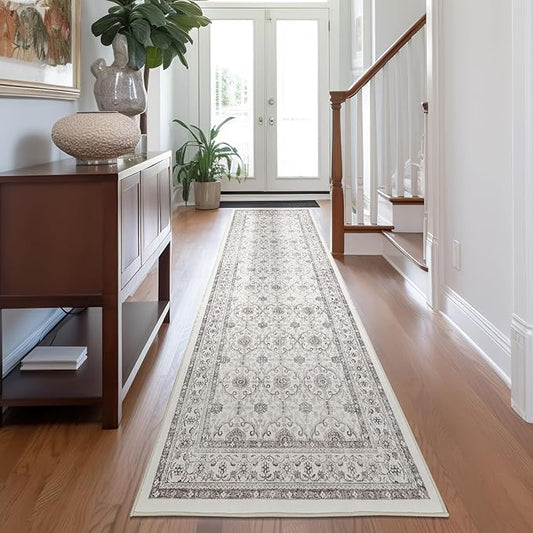 jinchan Hallway Runner Rug 3x7 - Machine Washable Beige Vintage Floral Distressed Design Soft Non-Slip Low-Pile Ultra-Thin Runner Rug for Kitchen Laundry Room Bedroom Farmhouse (3‘x7',Beige)