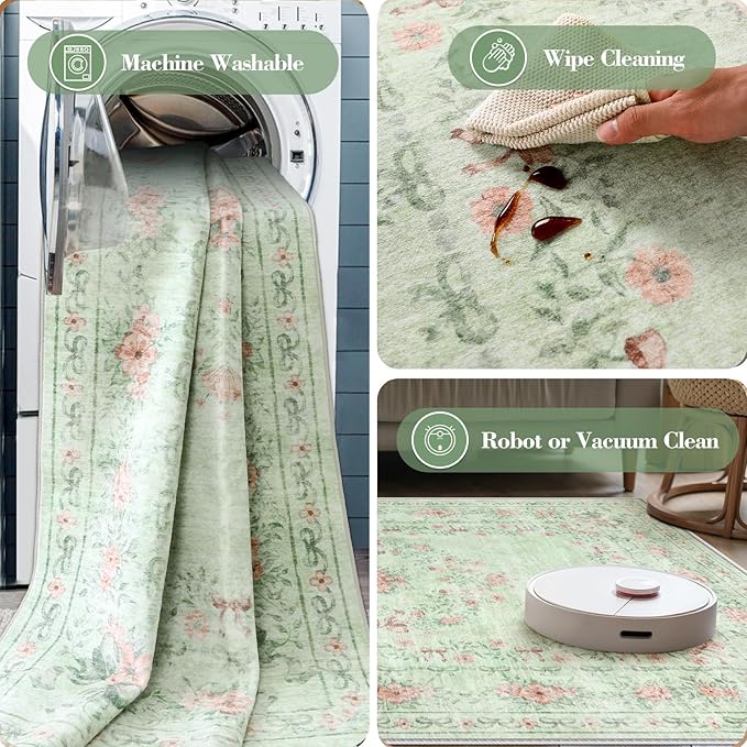 Wonnitar Green Area Rug for Living Room, Floral Bow 8x10 Washable Rug, Ultra-Thin Non Shedding Soft Boho Carpet for Bedroom Dining Room Playroom Dorm, Light Green