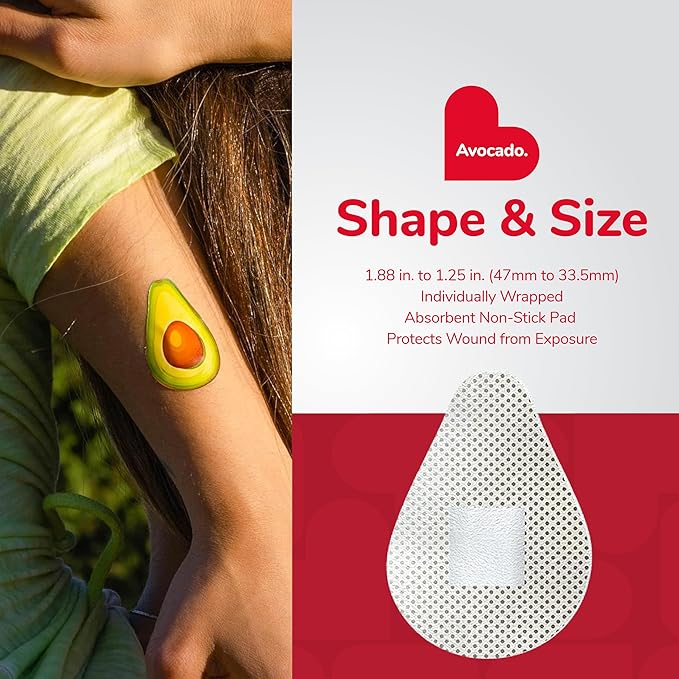 BioSwiss Bandages, Avocado Shaped Self Adhesive Bandage, Latex Free Sterile Wound Care, Fun First Aid Kit Supplies for Kids, 24 Count