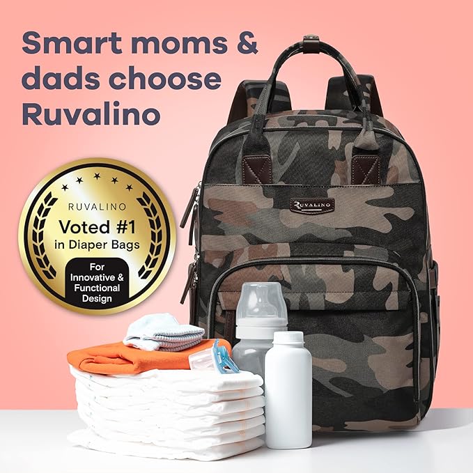 RUVALINO Diaper Bag Backpack, Multifunction Travel Pack Maternity Baby Changing Bags, Large Capacity, Waterproof, Green Camo