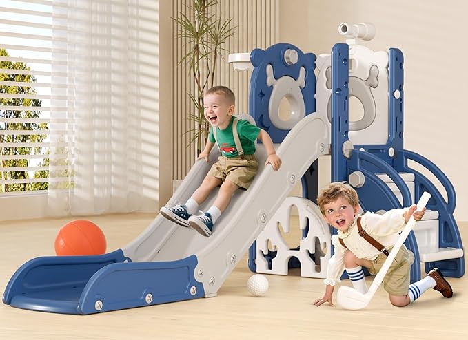 XJD 7 in 1 Toddler Slide, Kids Indoor Slide for Toddlers 12 to 36 Months, New Upgrade with Golf, Basketball Hoop for Indoor Outdoor Playset,Toddler Playground (Blue Gley)