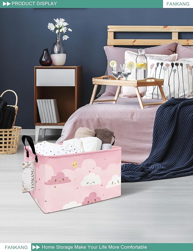 FANKANG Storage Bins, Nursery Hamper Canvas Laundry Basket Foldable with Waterproof PE Coating Large Storage Baskets for Kids Boys and Girls, Office, Bedroom, Clothes,Toys(Rec-pink cloud ）