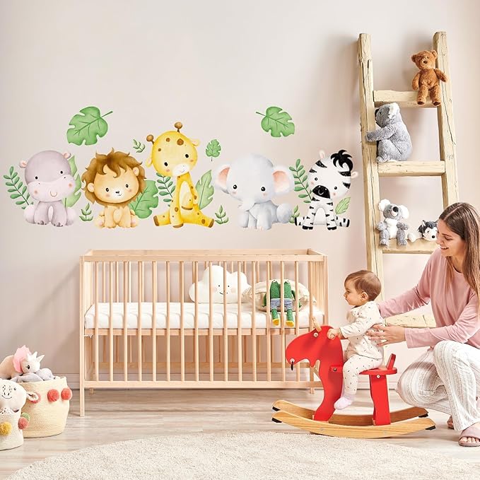 Watercolor Animal Wall Decals Giraffe Elephant Lion Hippo Zebra Wall Stickers Removable Cartoon Animal Wall Decals Decor for Baby Nursery Playroom Bedroom Classroom Kindergarten