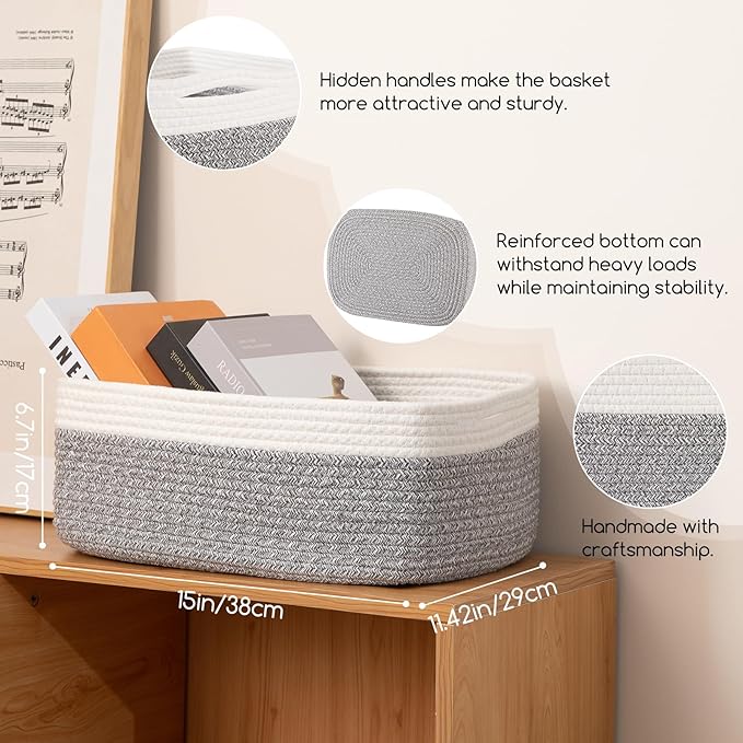 Storage Baskets for Organizing 3 Pack, Woven Baskets for Shelves, Closet Organizer Bins Empty Gift Basket Toy Storage for Toys, Books, Towels, Clothes, 15"x11.42"x6.7", Grey