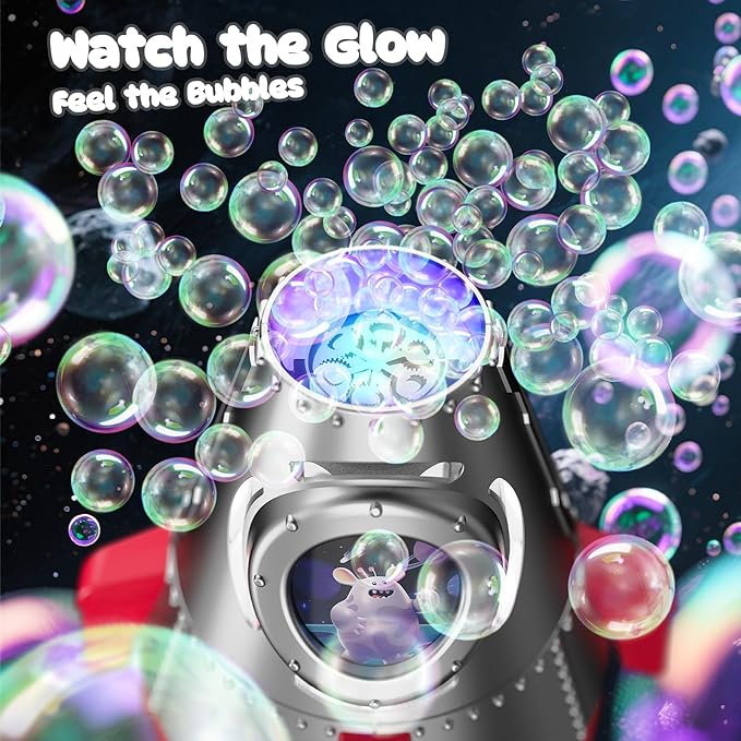 Rocket Bubble Machine for Kids with Lights, 360° Rotating Bubble Blower Toy with 10 Refill Solutions, Bubble Maker for Toddlers, Fun Outdoor Party Gift for Boys & Girls RED