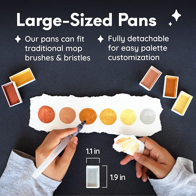 MozArt Supplies Komorebi Metallic Watercolor Paint Set – Set of 6 Shimmery Colors – Portable and Lightweight – For Artists, Students, Kids & Hobbyists - Metallic Watercolor Paints