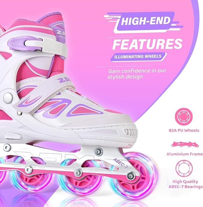 2PM SPORTS Vinal Girls Adjustable Flashing Inline Skates, All Wheels Light Up, Fun Illuminating Skates for Kids Men Adult Women and Boys