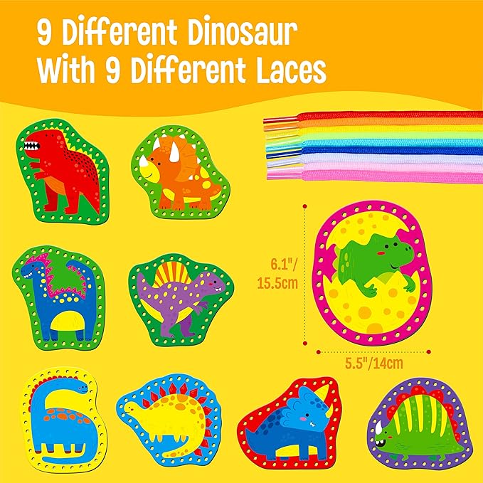 9 Pieces Kids Lacing Cards, Double Sided Sewing Cards in 9 Dinosaurs with 9 Colorful Laces, Imagination Development Lacing Toys Games for Children Educational and Learning Activity