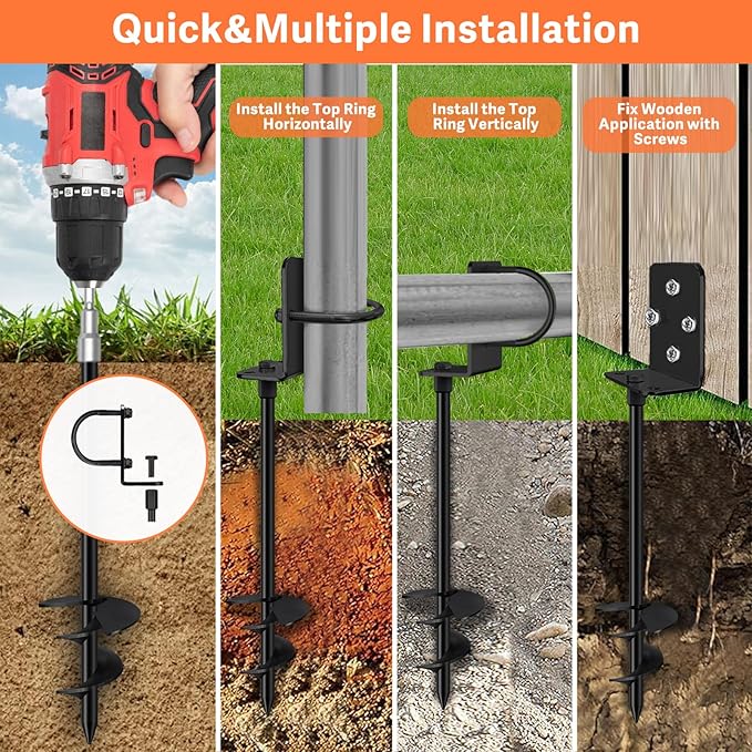 Eurmax USA Ground Anchors Heavy Duty Adjustable L-Shaped Head Shed Tent Stakes Trampoline Anchors, Trampoline Stakes for Sheds,Swing Sets,Mobile Home,Carports Set of 4(Black)