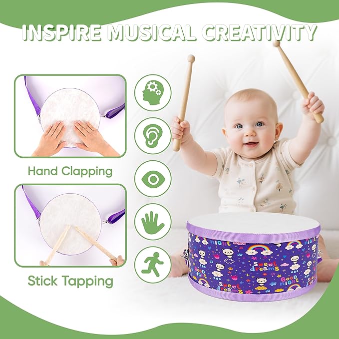 Kids Drum Set with Adjustable Strap: Toddler Musical Instrument for Ages 3-5, Wearable Drum Kit with Drumsticks, Educational Percussion Toy for Rhythm Music Development (Purple)