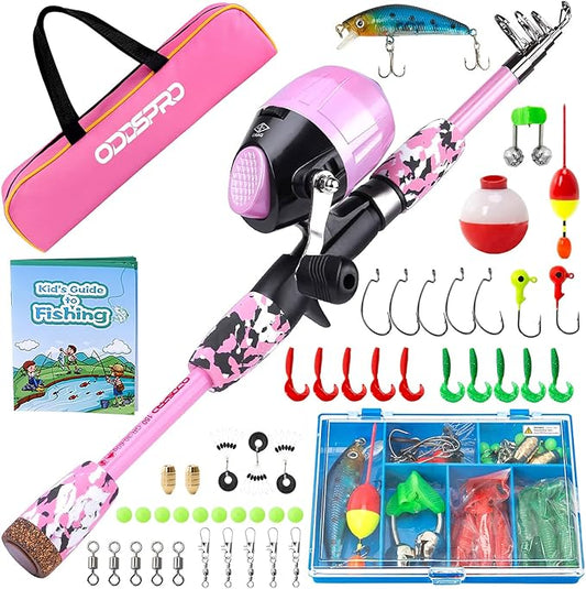 ODDSPRO Kids Fishing Pole Pink, Portable Telescopic Fishing Rod and Reel Combo Kit - with Spincast Fishing Reel Tackle Box for Girls, Youth