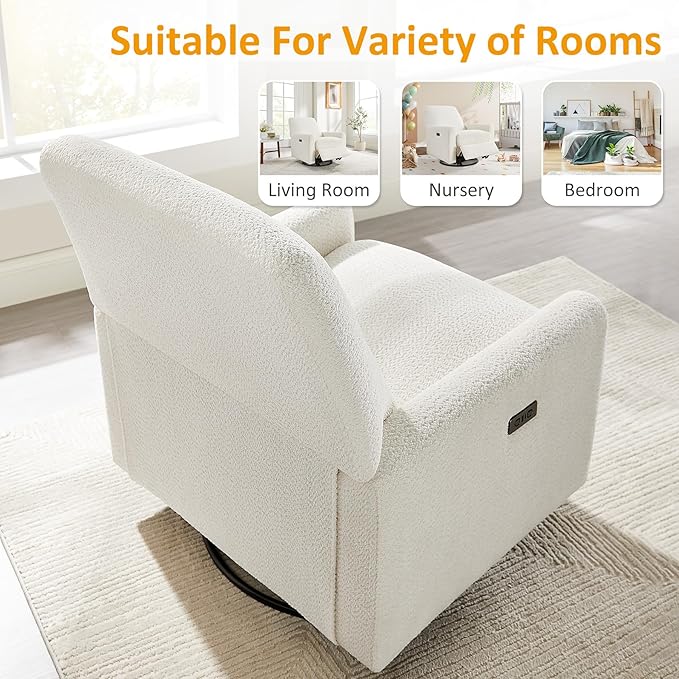 Power Swivel Glider Recliner Chair, Electric Nursery Rocker Recliner Chair, USB & Type-C Charger, Boucle White