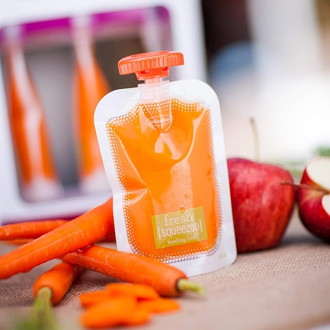 Infantino Squeeze Station, Baby Food Maker & Pouch Filler, Fill 3 Reusable Pouches at Once, Easy to Use, Dishwasher Safe, Homemade Baby Food Prep Essential, Purple