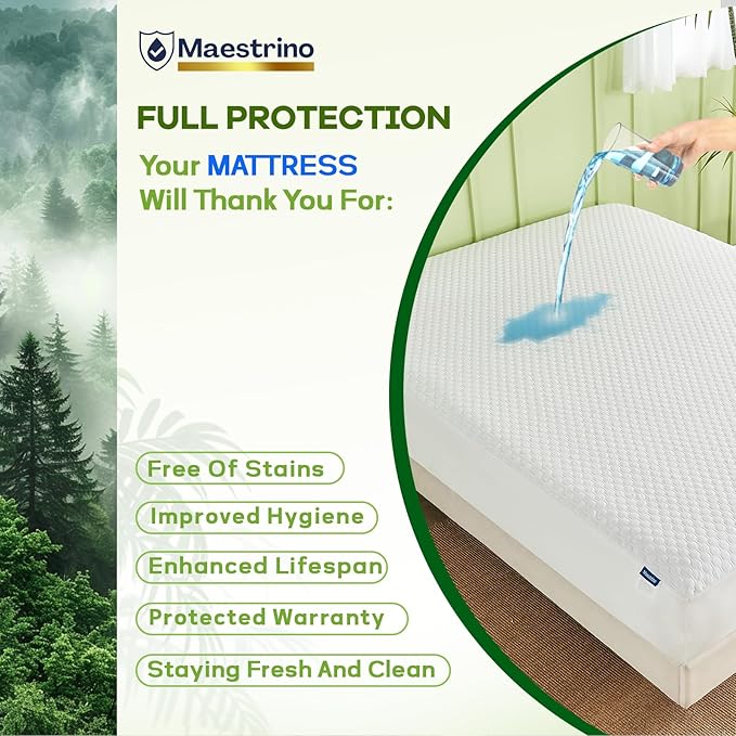 Premium Tencel Full Size Mattress Protector Cover in White, Natural and Skin Soft, Waterproof and Fully Fitted Deep Pocket, Hypoallergenic, Breathable, Noiseless and Absorbent